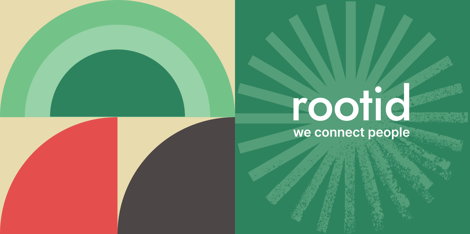 graphic with green brown semi circles and red and brown arcs on the left against a tan background and then a green square with white burst on top with the words rootid we connect people on top